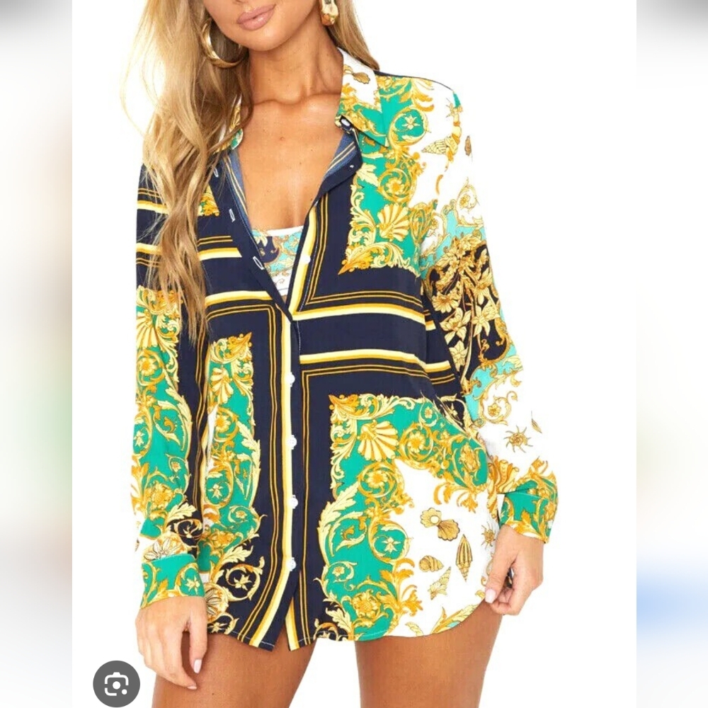 Prettylittlething Shell Chain Print Button Shirt Women's 2 Multicolor Artsy Y2K